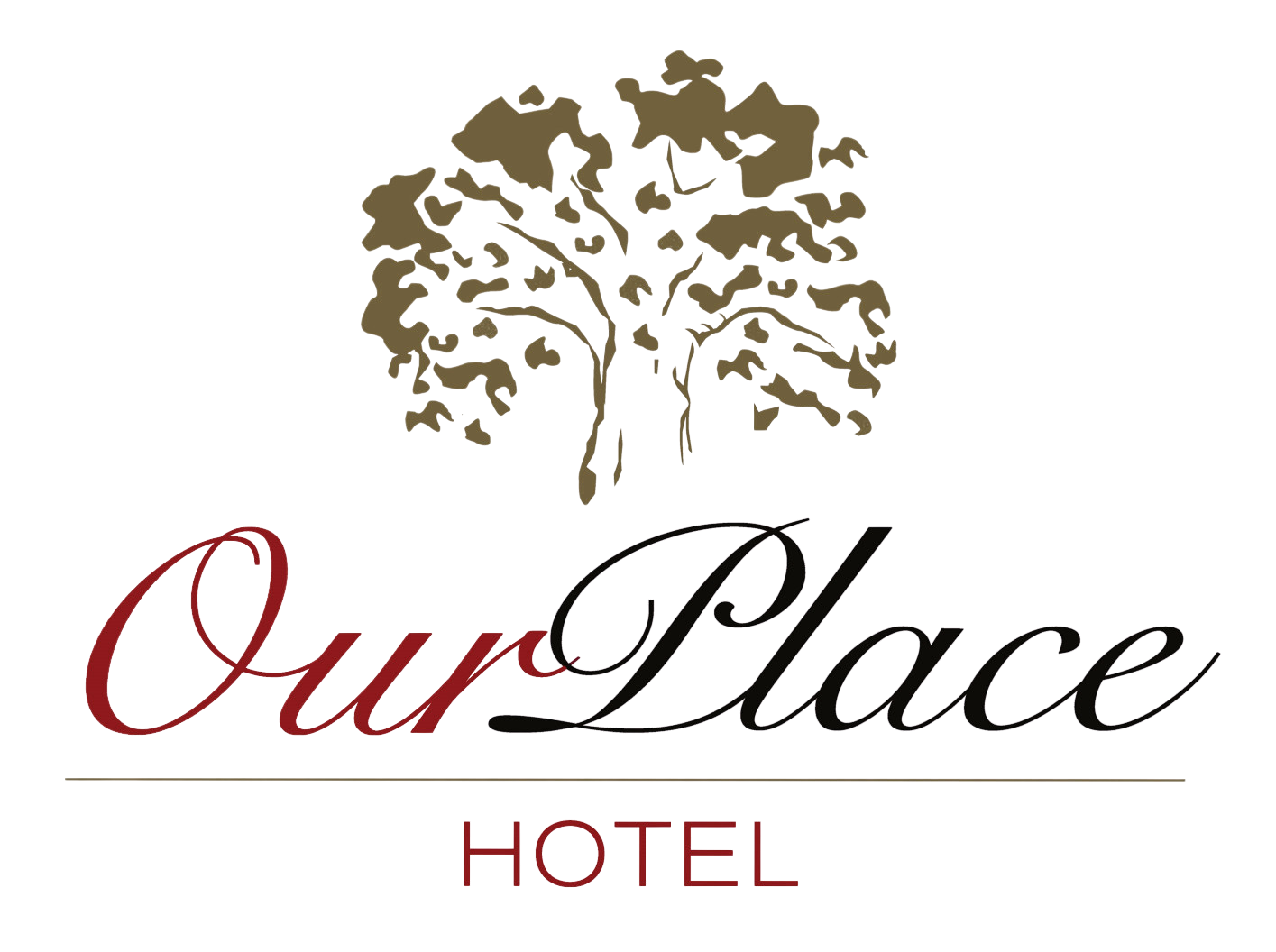Elegant hotel logo with tree illustration and stylish text.