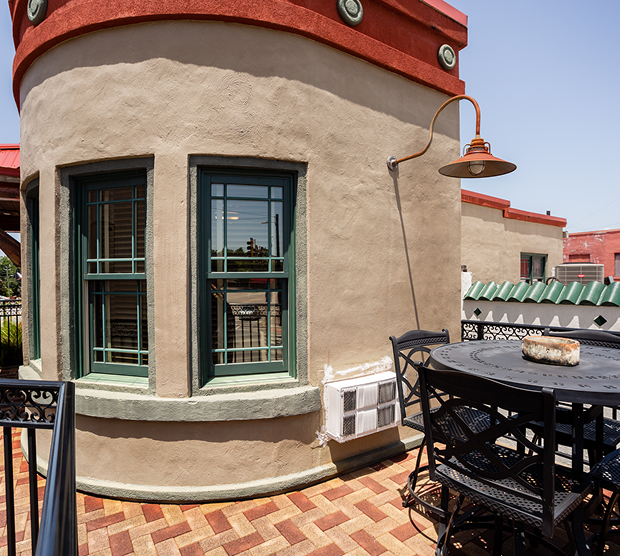 Urban rooftop with brick flooring