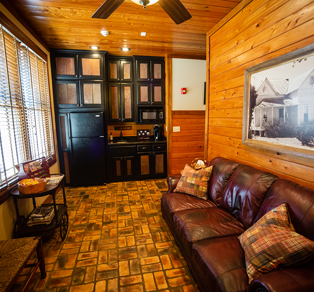 Cozy wooden interior with leather sofa