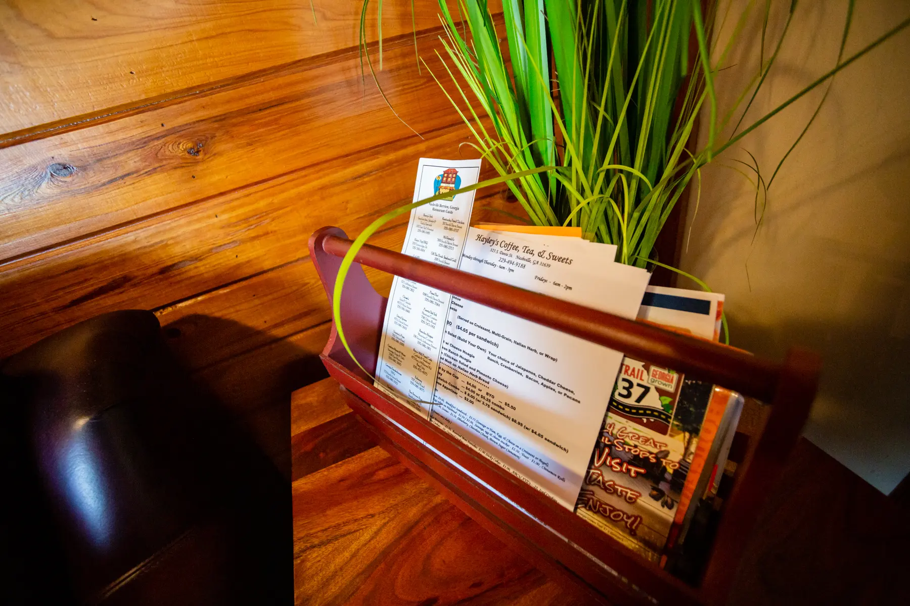 Wooden magazine rack holding various papers and brochures beside a plant.