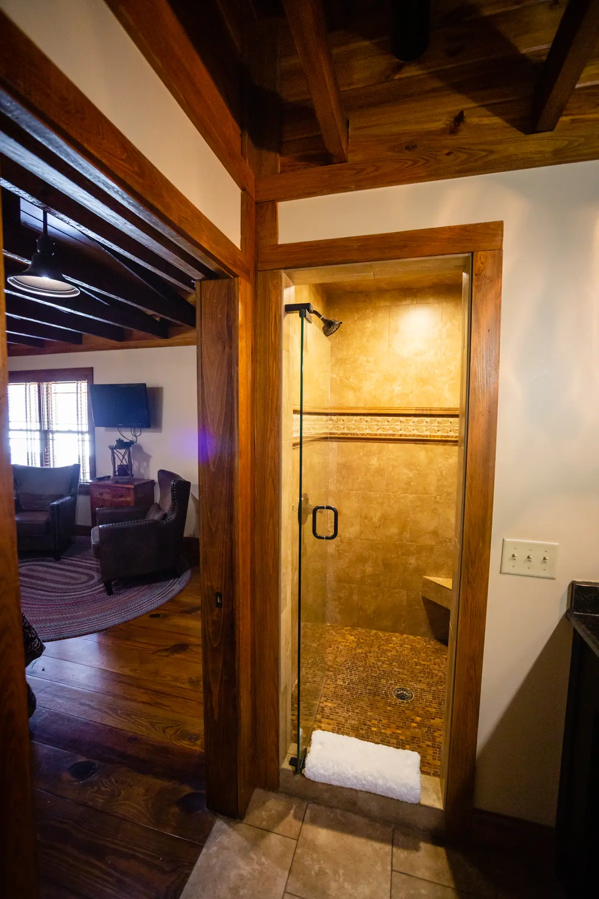 Cozy living room and wooden framed bathroom shower.